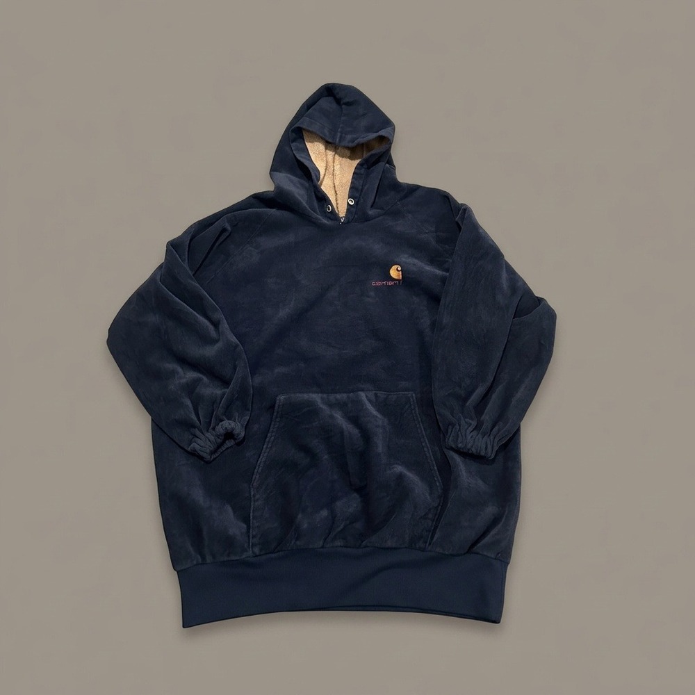 Vintage Carhartt Velour Hoodie Sweatshirt Men's XL Navy Blue Fleece Lined 90s